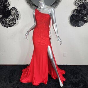 NWT~$575~CLARISSE~SZ 4~RED RHINESTONE ONE SHOULDER SLIT PROM EVENING GOWN DRESS